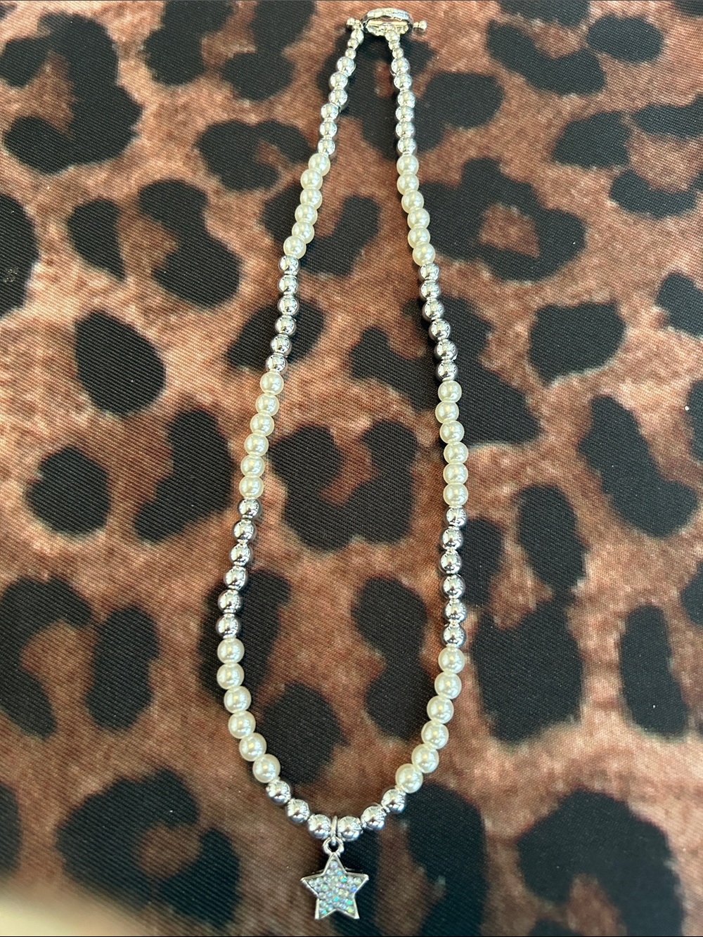 Handmade Pearl and Silver Bead Star Pendant Necklace - White & Silver